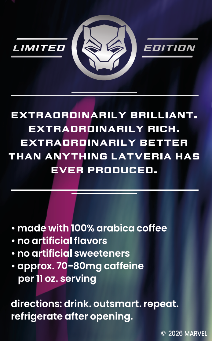 A promotional graphic for a Marvel 'Limited Edition' coffee drink. The design features a dark, moody background with purple and black tones, a silver and black Panther logo at the top, and white text detailing the product's qualities, ingredients, and instructions.