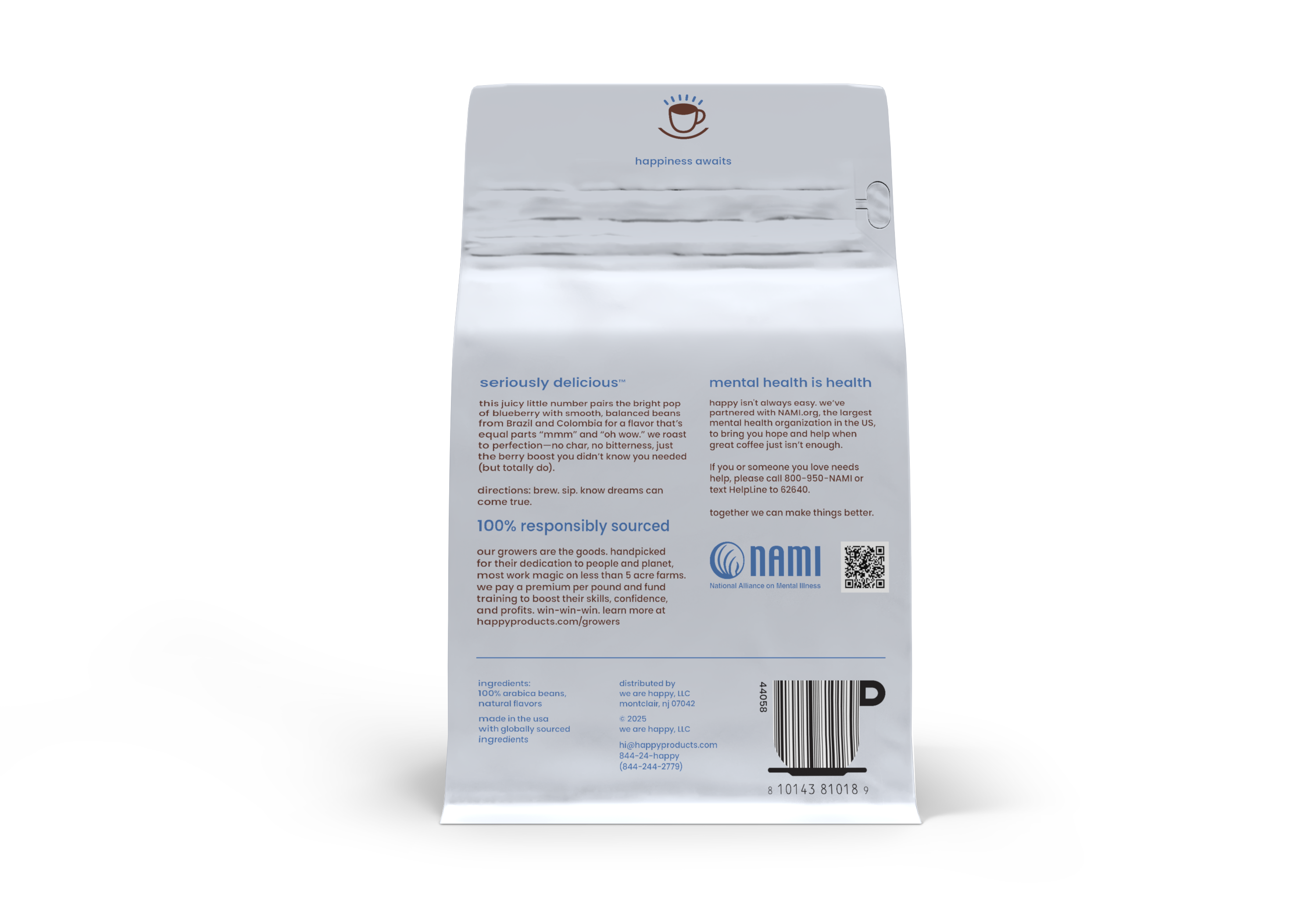 the back of our seriously delicious blueberry ground coffee - supports NAMI and is 100% responsibly sourced