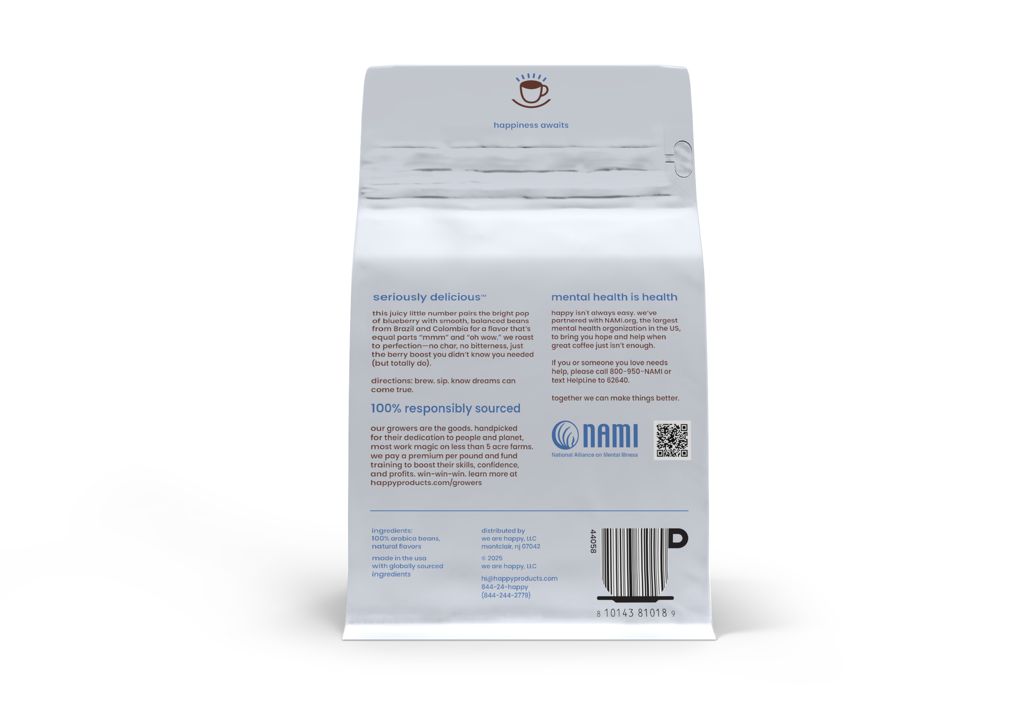 the back of our seriously delicious blueberry ground coffee - supports NAMI and is 100% responsibly sourced