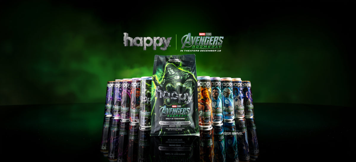 The full Happy + Avengers Doomsday Collection featuring Extra Caffeinated Ground Coffee, Lattes and cold brews. 