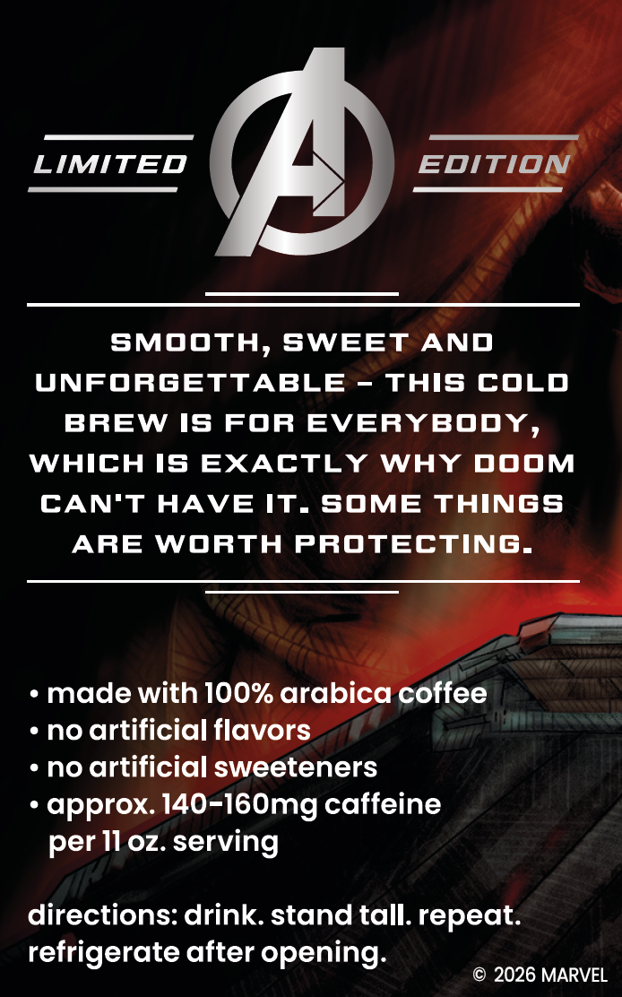 A promotional graphic for a Marvel Avengers Limited Edition cold brew coffee. The design features the silver Avengers 'A' logo at the top, with a dark background showing a blurred character and a coffee bag in the corner.