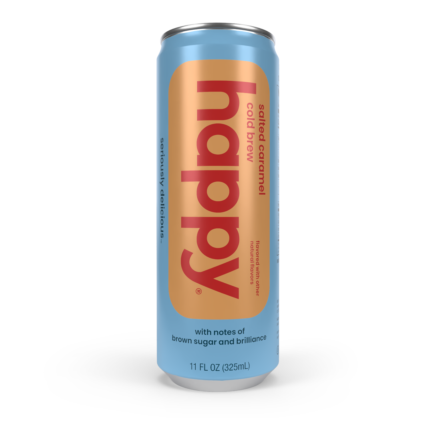 Can of happy salted caramel cold brew on a white background