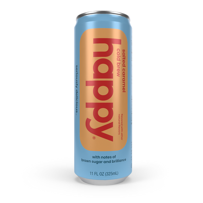 Can of happy salted caramel cold brew on a white background