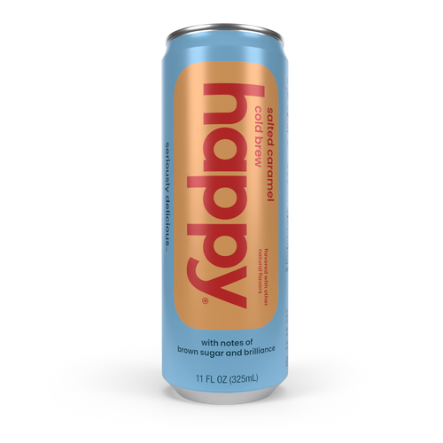 Can of happy salted caramel cold brew on a white background