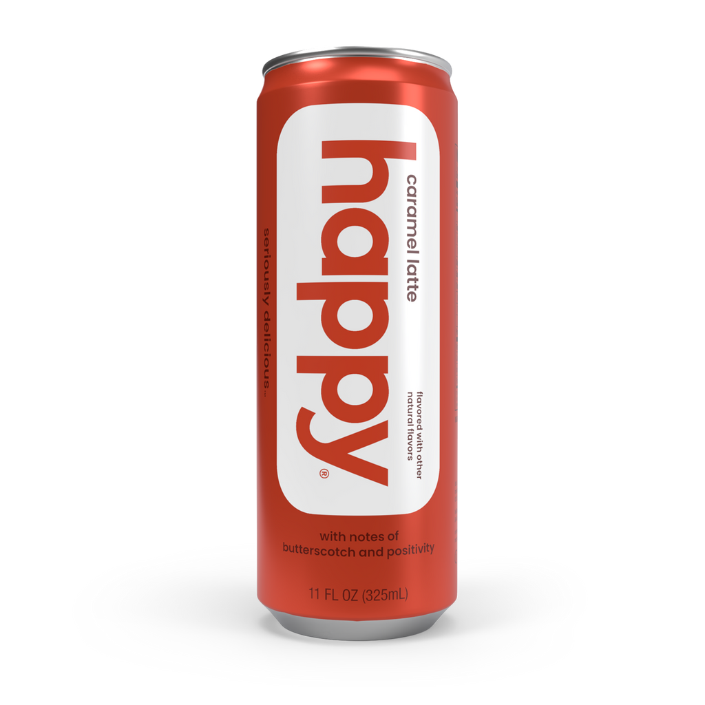 Red can of 'happy' caramel latte on a white background