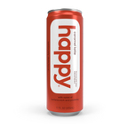 Red can of 'happy' caramel latte on a white background