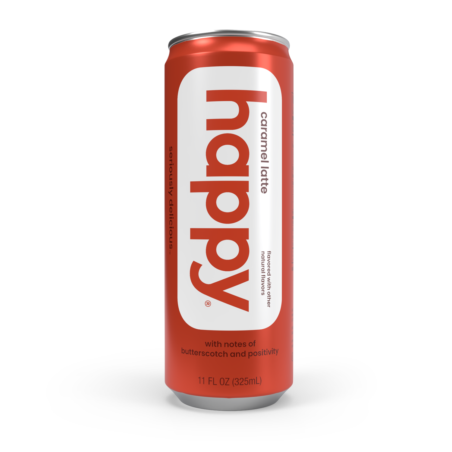 Red can of 'happy' caramel latte on a white background