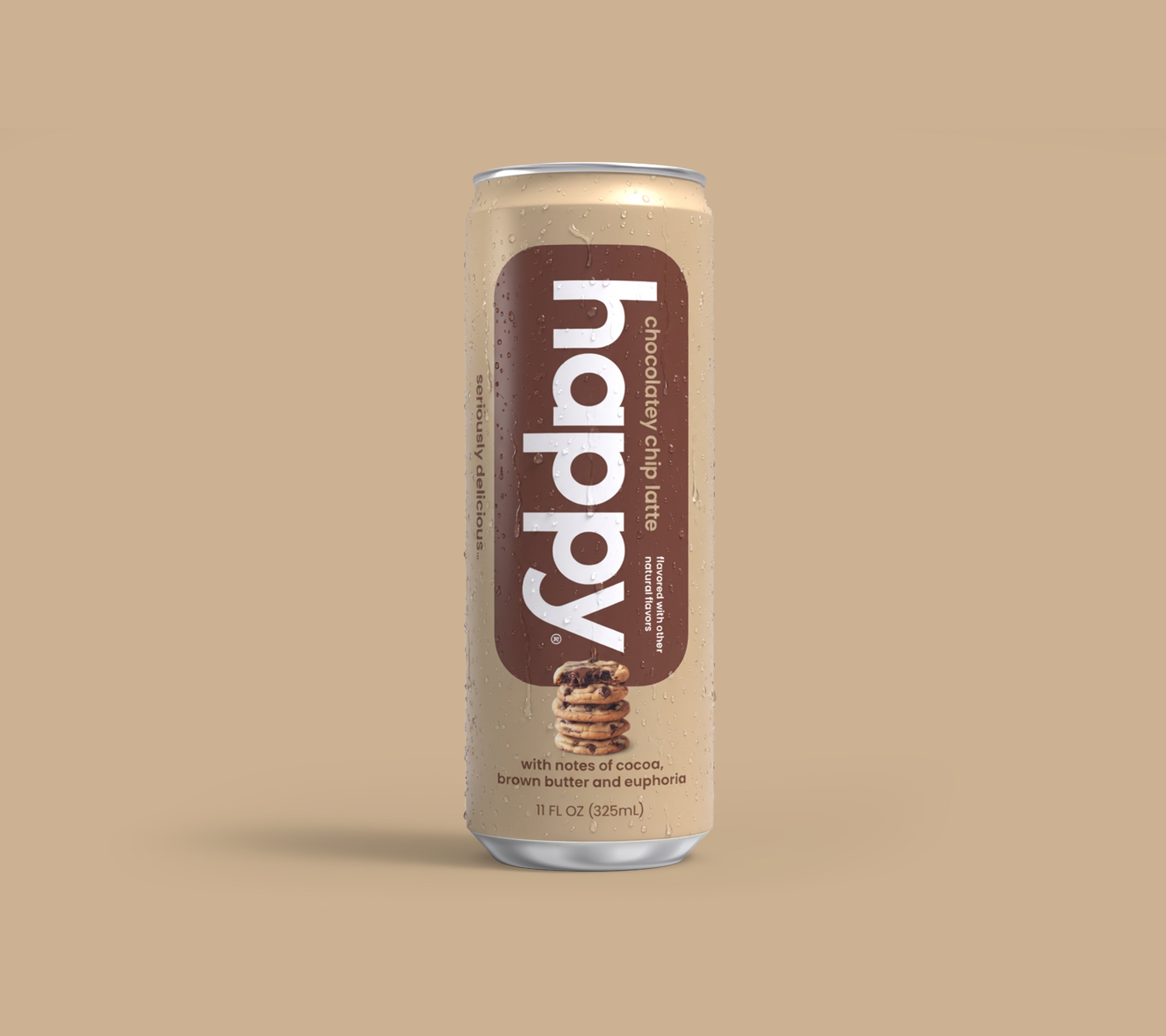 happy chocolatey chip latte can on a beige background