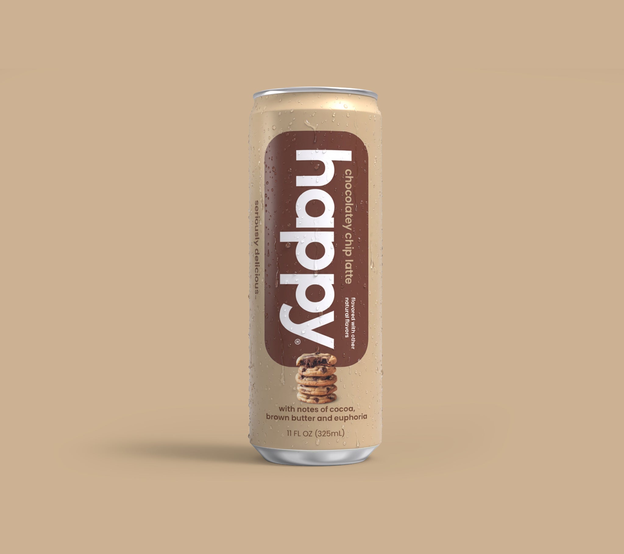 happy chocolatey chip latte can on a beige background