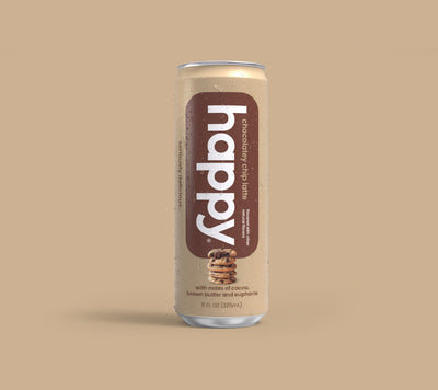 happy chocolatey chip latte can on a beige background