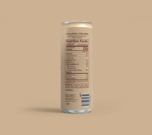 Can of Chocolatey Chip Latte nutrition facts label on a beige background