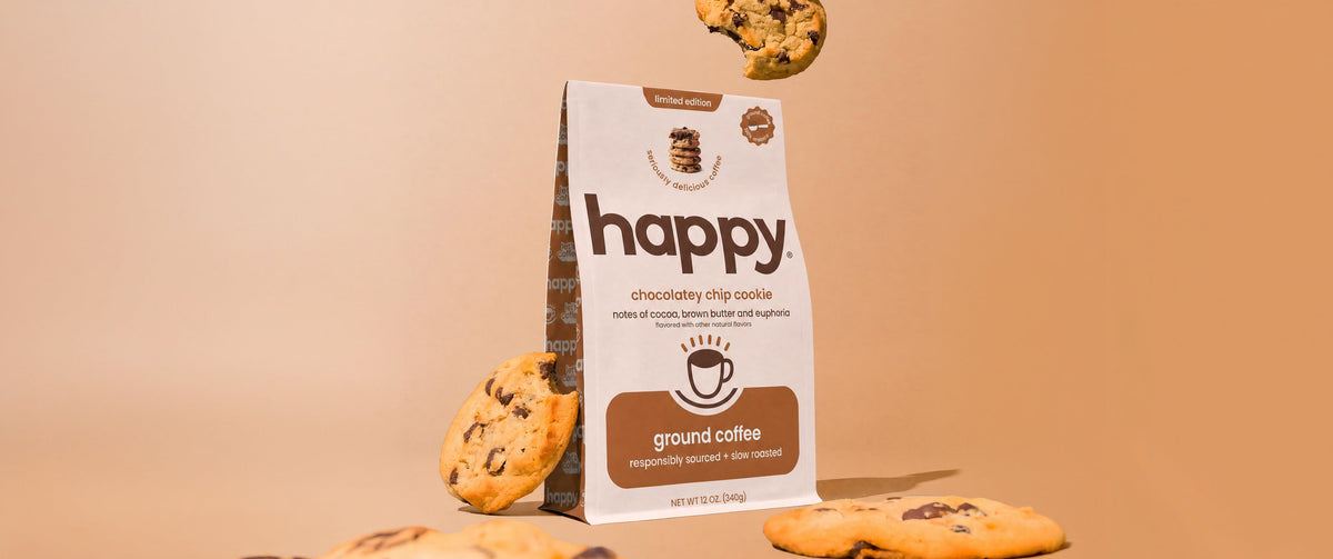 Chocolatey Chip Cookie Ground Coffee from Happy products with some cookies