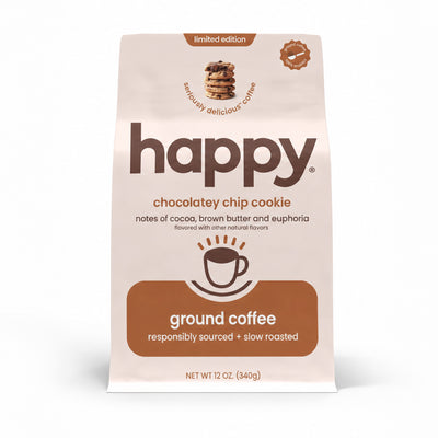 Bag of happy ground coffee with chocolate chip cookie flavor on a white background
