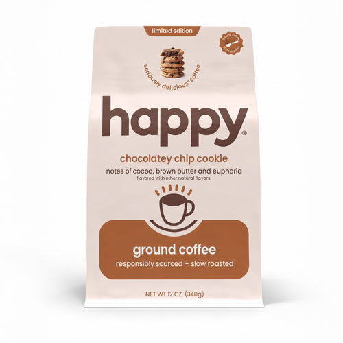 Bag of happy ground coffee with chocolate chip cookie flavor on a white background