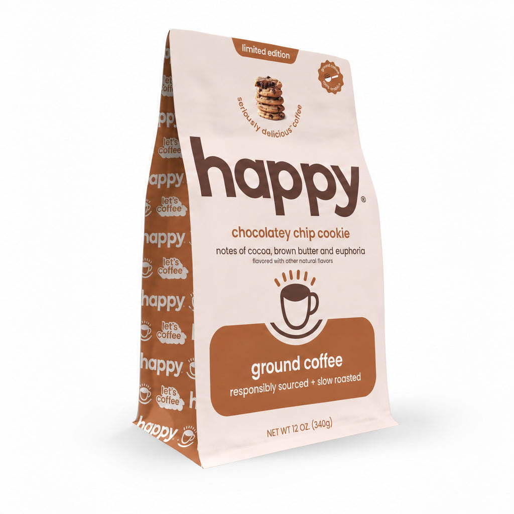 Bag of 'happy' ground coffee with chocolate chip cookie flavor on a white background