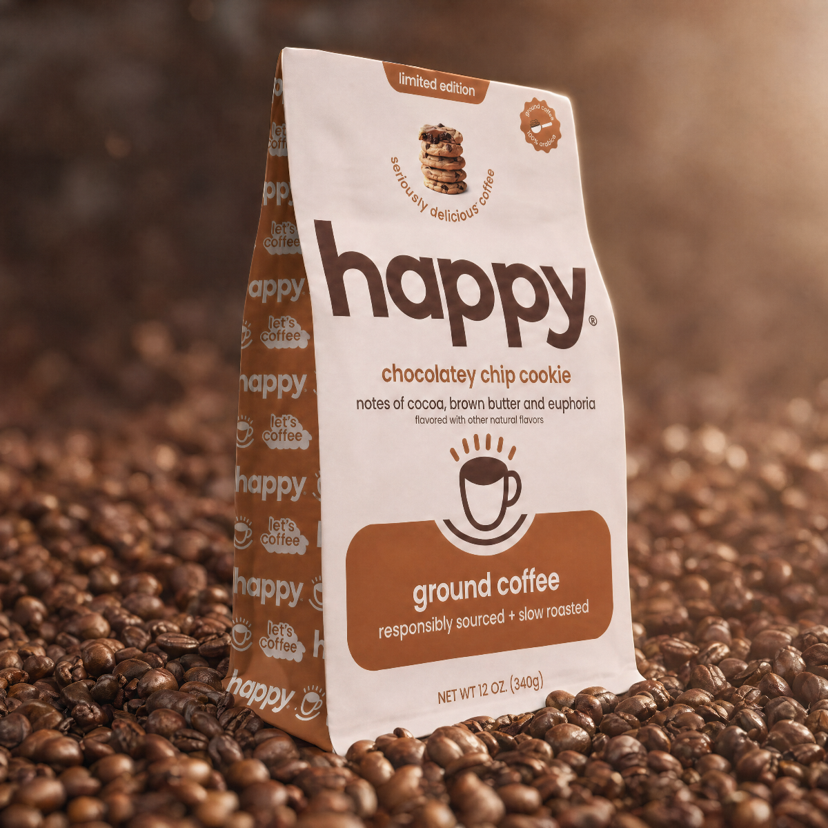 Bag of Chocolatey Chip Cookie Flavored Ground Coffee resting on a bed of coffee beans.