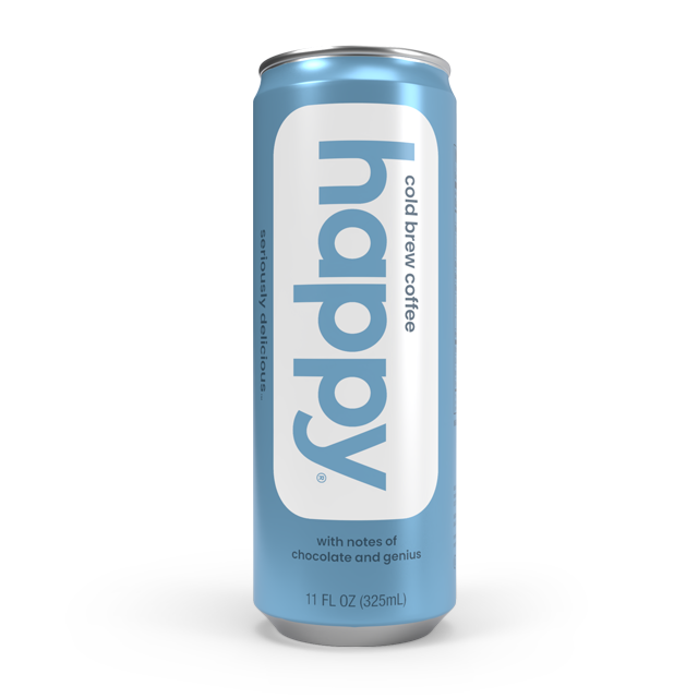 Can of 'happy' cold brew coffee on a white background