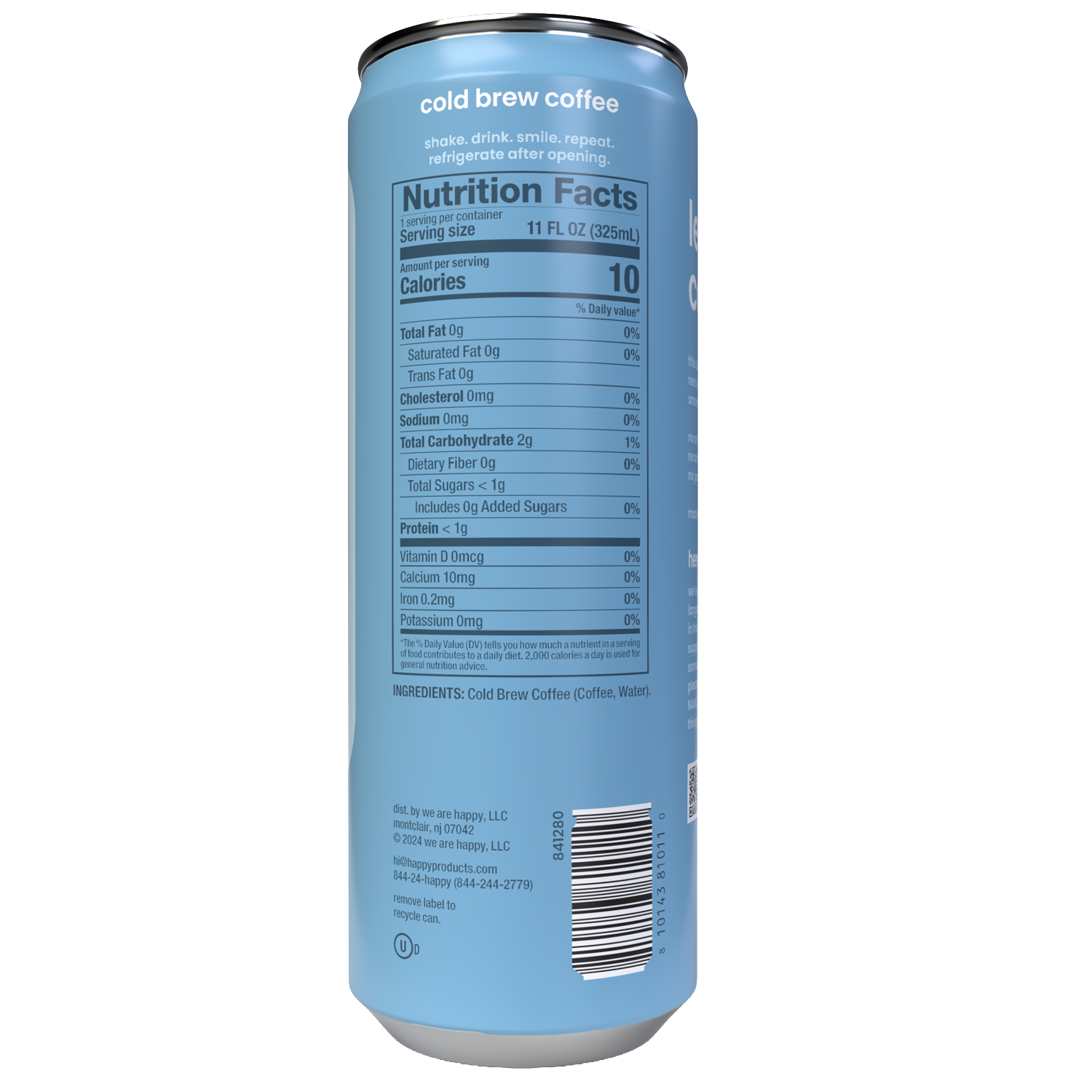 Blue can of cold brew coffee with nutrition facts label on a white background