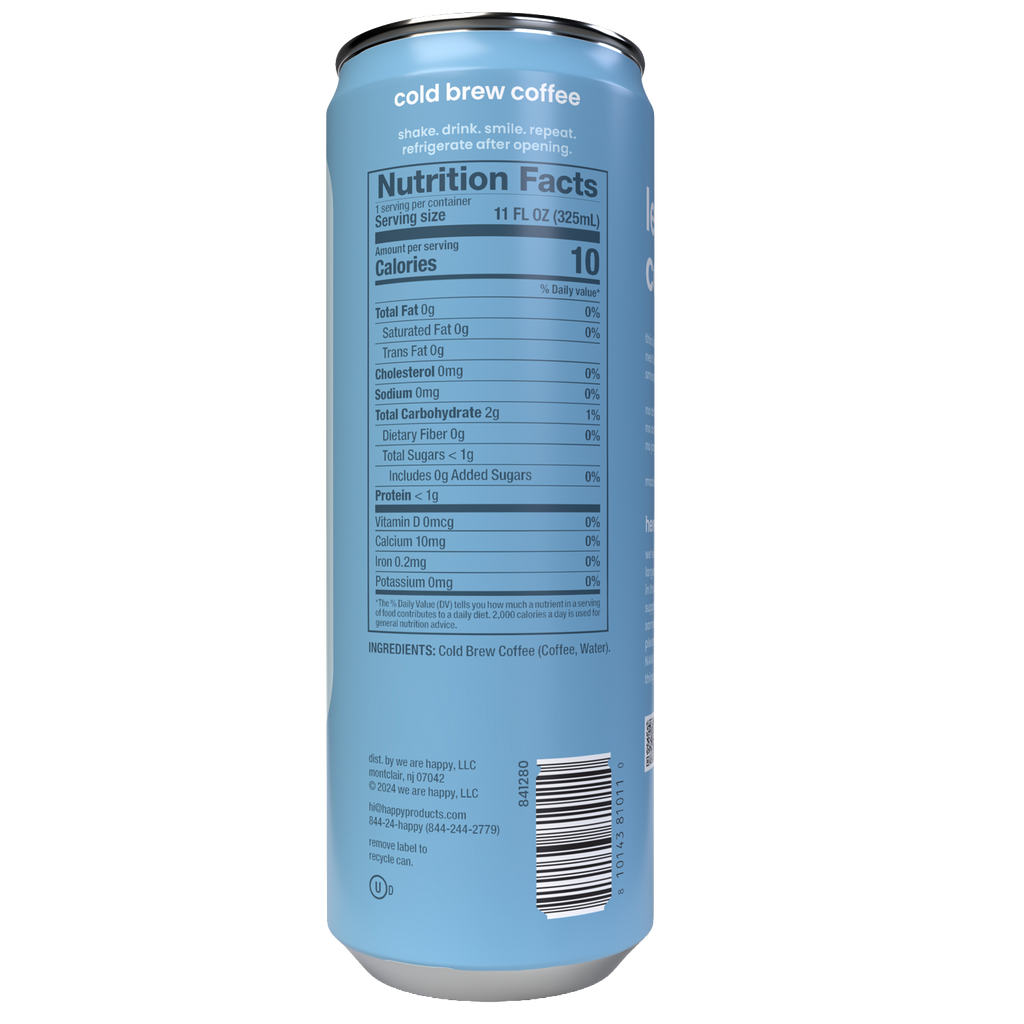 Blue can of cold brew coffee with nutrition facts label on a white background