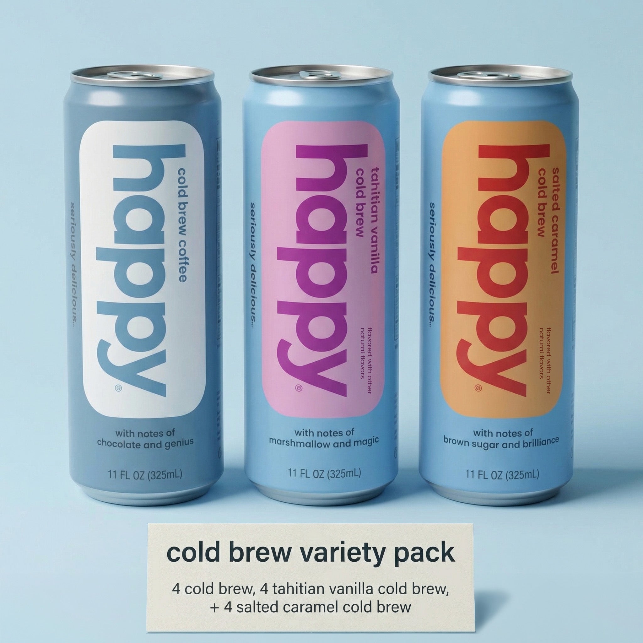 Three cans of 'happy' cold brew variety coffee on a light blue background