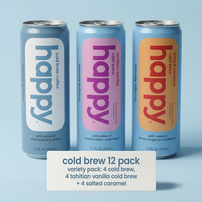 Three cans of 'happy' cold brew variety coffee on a light blue background