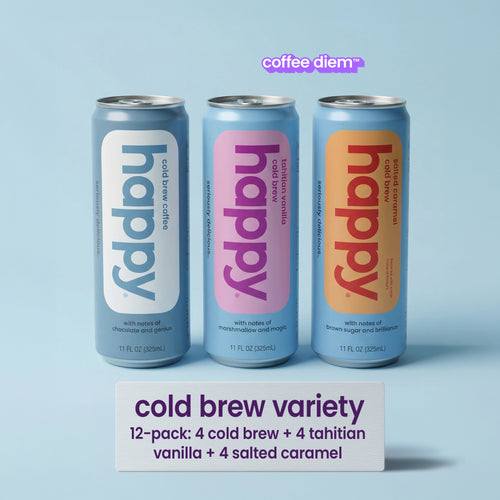 happy products canned cold brew variety 12-pack — original, salted caramel, tahitian vanilla 11 oz cans