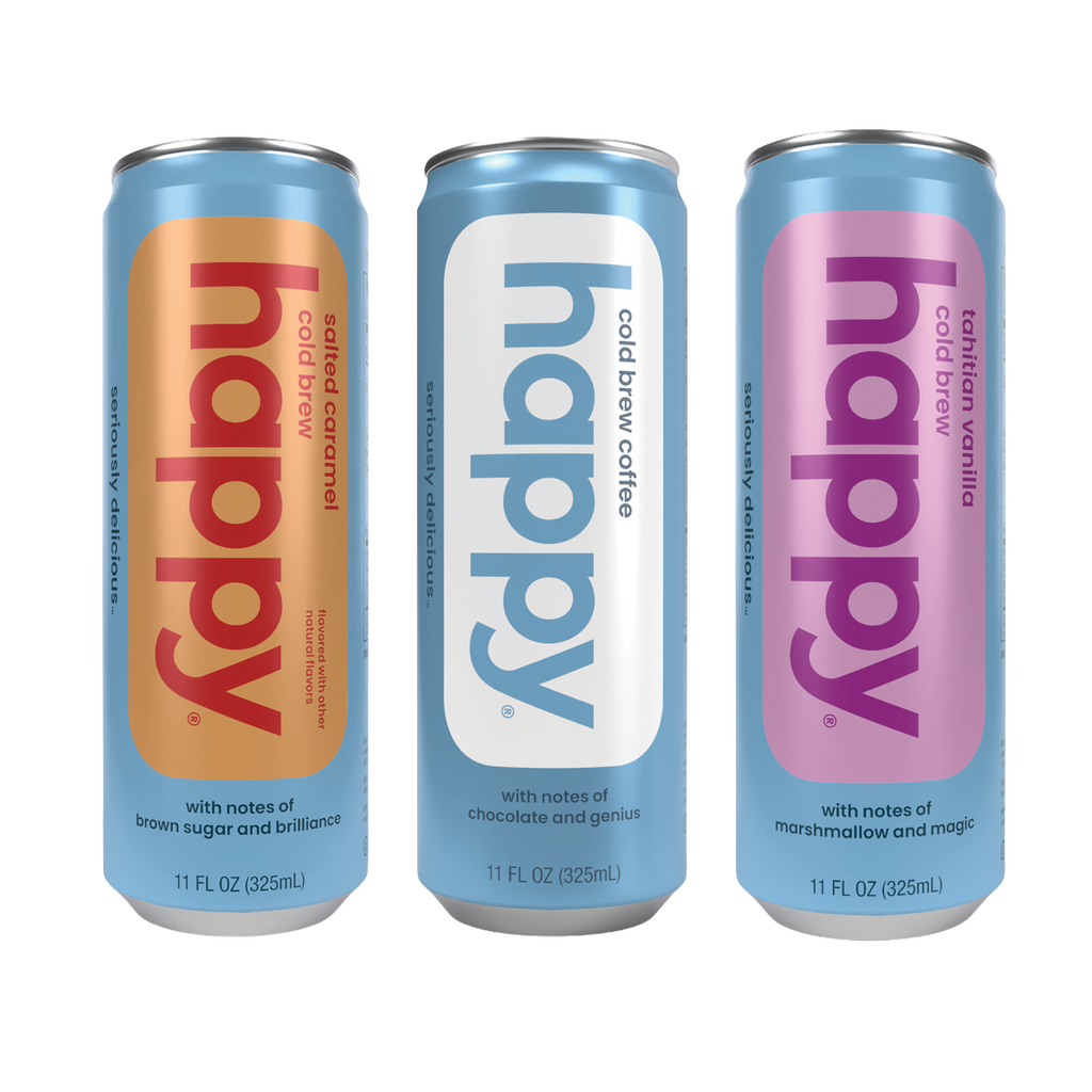 Three cans of 'happy' coffee brew - Original Cold brew, Salted Caramel Cold Brew and Tahitian Vanilla Cold Brew