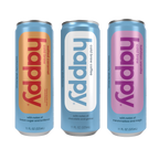 Three cans of 'happy' coffee brew - Original Cold brew, Salted Caramel Cold Brew and Tahitian Vanilla Cold Brew