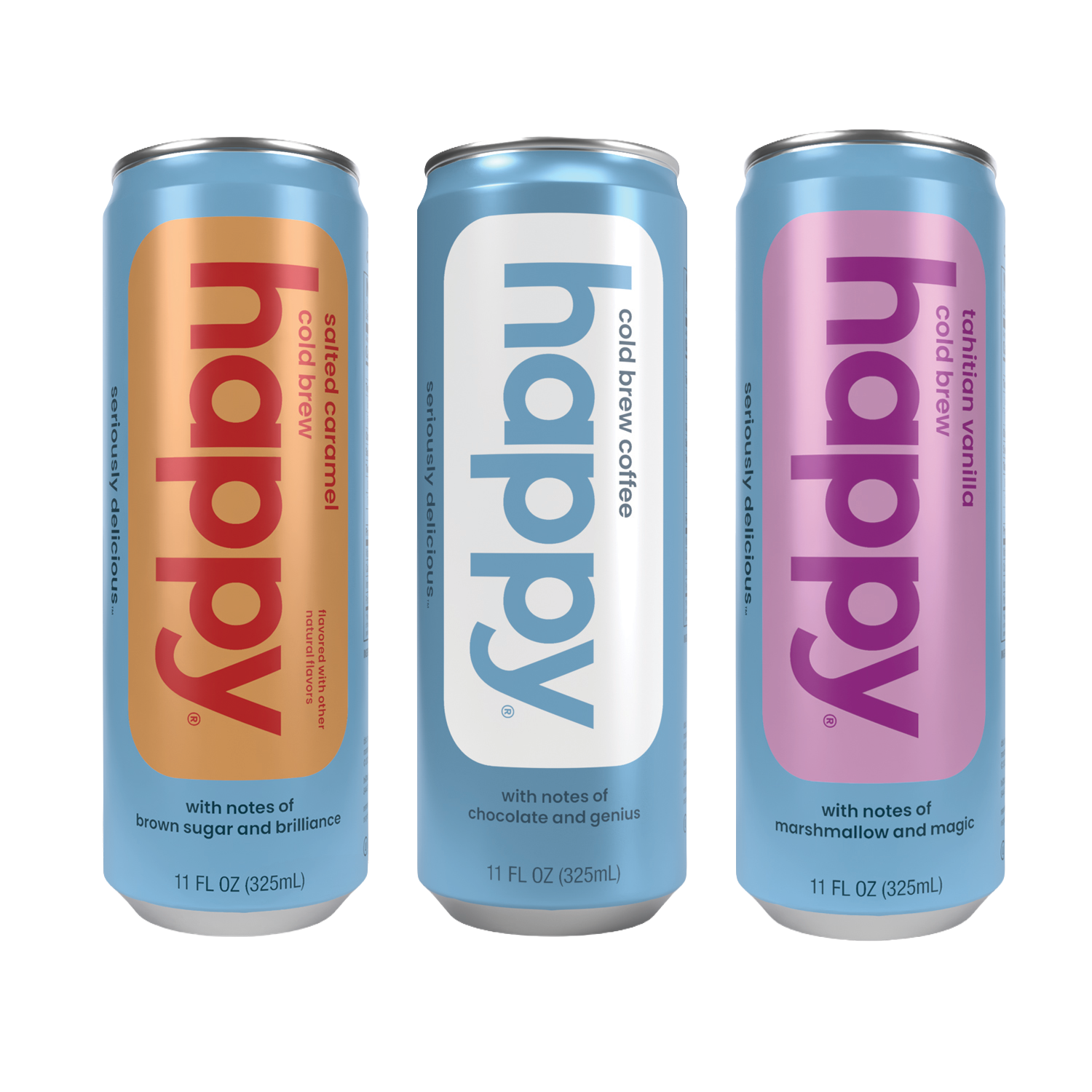 Three cans of 'happy' coffee brew - Original Cold brew, Salted Caramel Cold Brew and Tahitian Vanilla Cold Brew