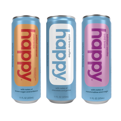 Three cans of 'happy' coffee brew - Original Cold brew, Salted Caramel Cold Brew and Tahitian Vanilla Cold Brew