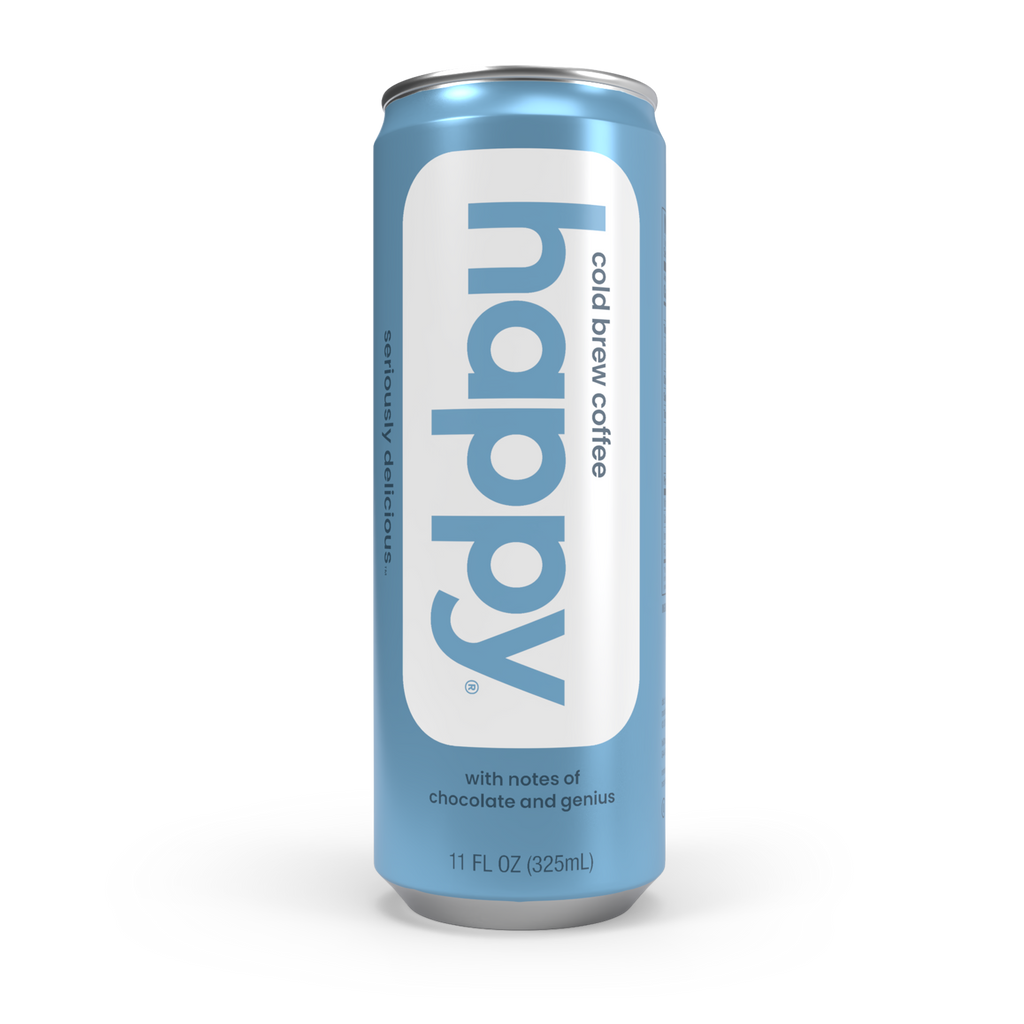 Can of 'happy' cold brew coffee on a white background