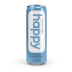 Can of 'happy' cold brew coffee on a white background