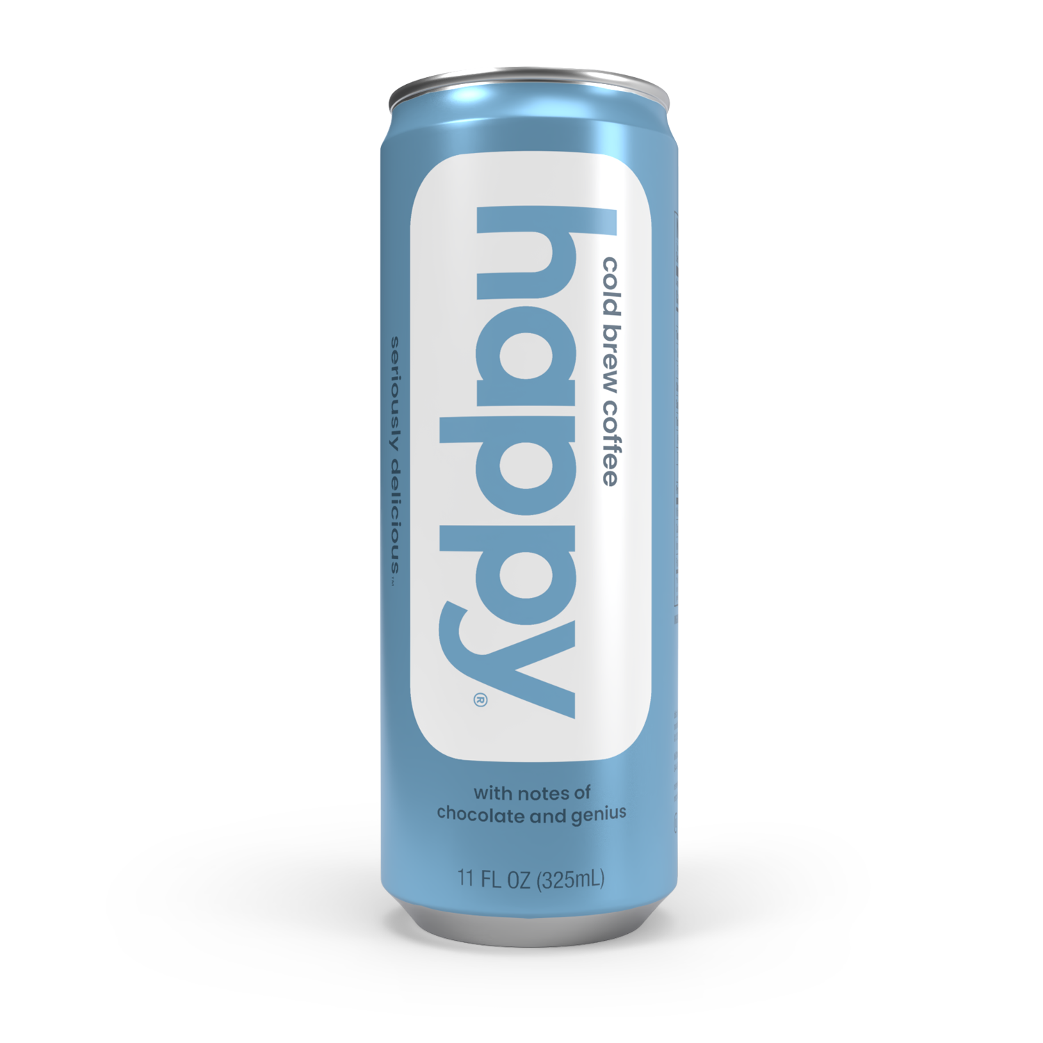 Can of 'happy' cold brew coffee on a white background