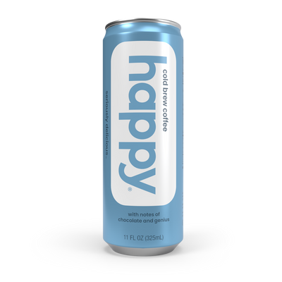 Can of 'happy' cold brew coffee on a white background