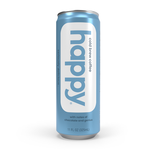 Can of 'happy' cold brew coffee on a white background