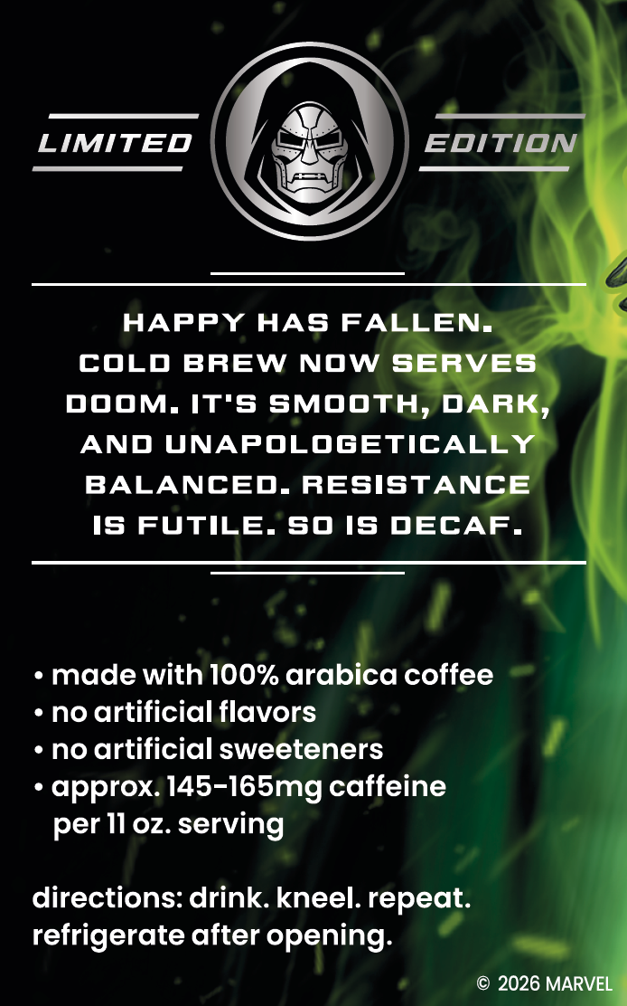 A promotional graphic for Marvel's Doom Limited Edition coffee, featuring a black background with green smoke, a silver and black Doom logo at the top, and white text detailing the flavor profile and serving directions.