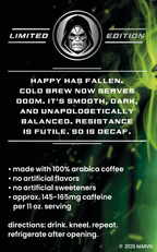 A promotional graphic for Marvel's Doom Limited Edition coffee, featuring a black background with green smoke, a silver and black Doom logo at the top, and white text detailing the flavor profile and serving directions.