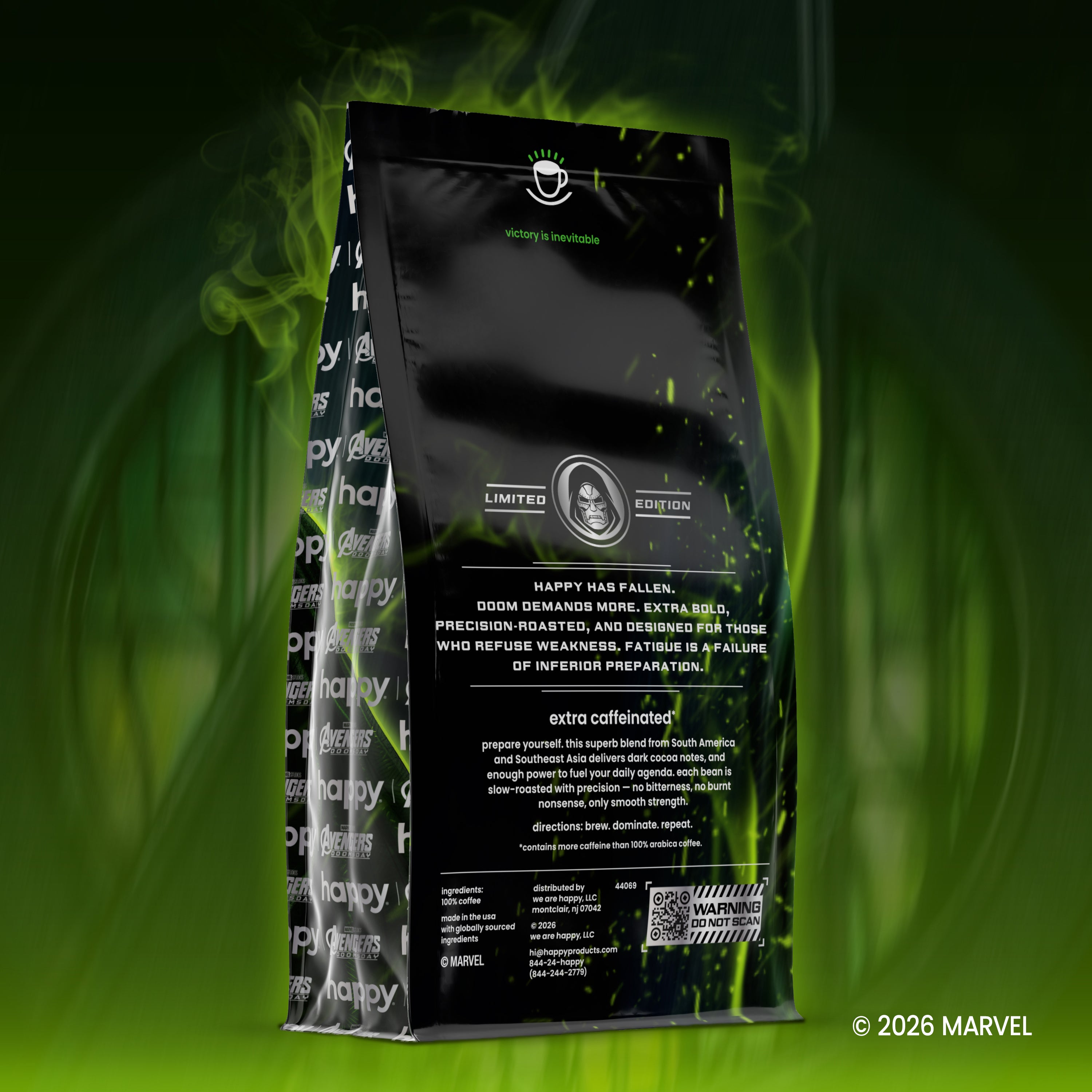 A black stand-up pouch of coffee with white text and a green smoky graphic background. The pouch features branding for Happy and Doom and 'Happy Has Fallen' with product details and a QR code on the front and side panels.
