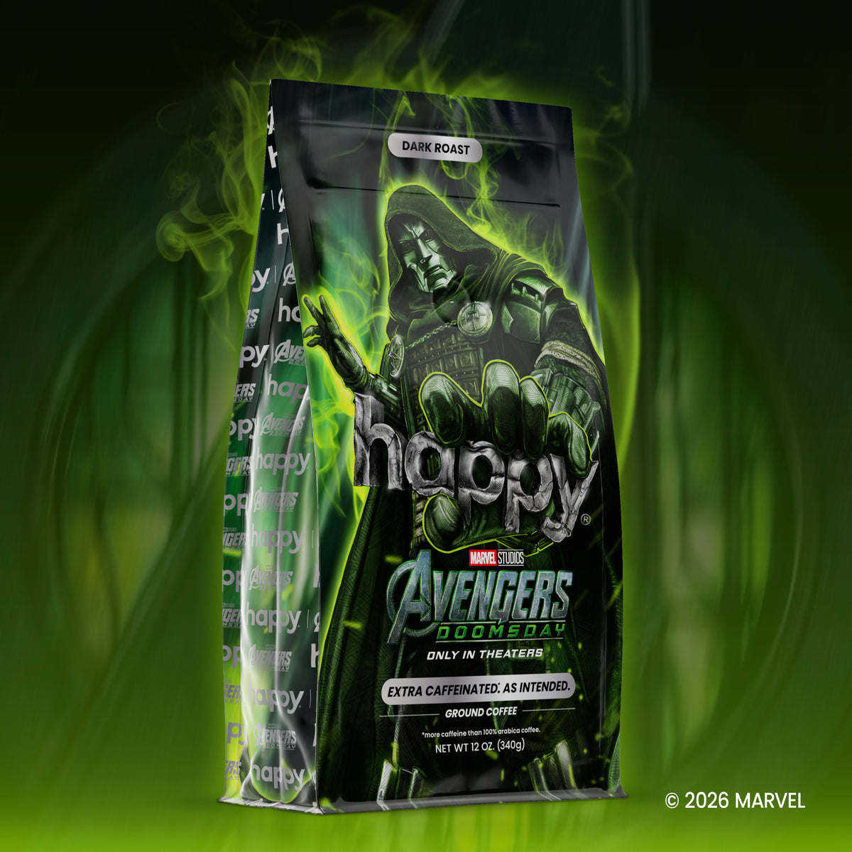 A stand-up coffee bag featuring Marvel's Avengers: Doom artwork with a green glowing character and the logo 'happy' across the front, photographed against a dark green smoky background.