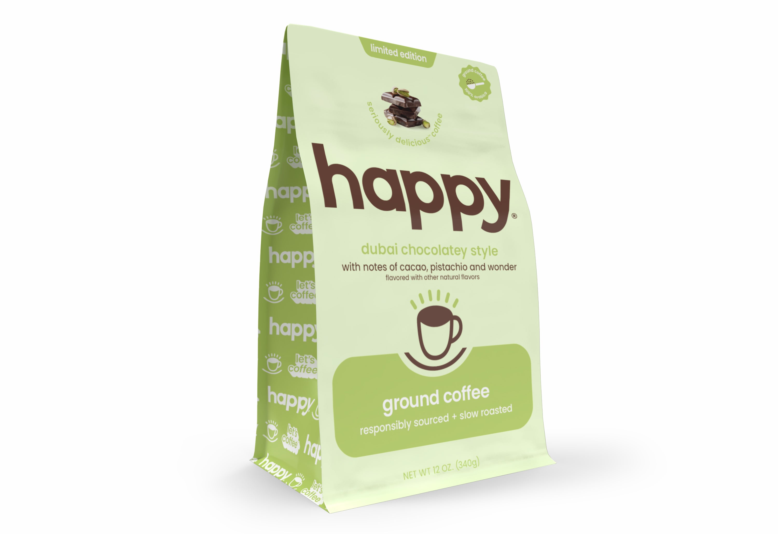 Light green bag of 'happy' dubai chocolatey style ground coffee on a white background