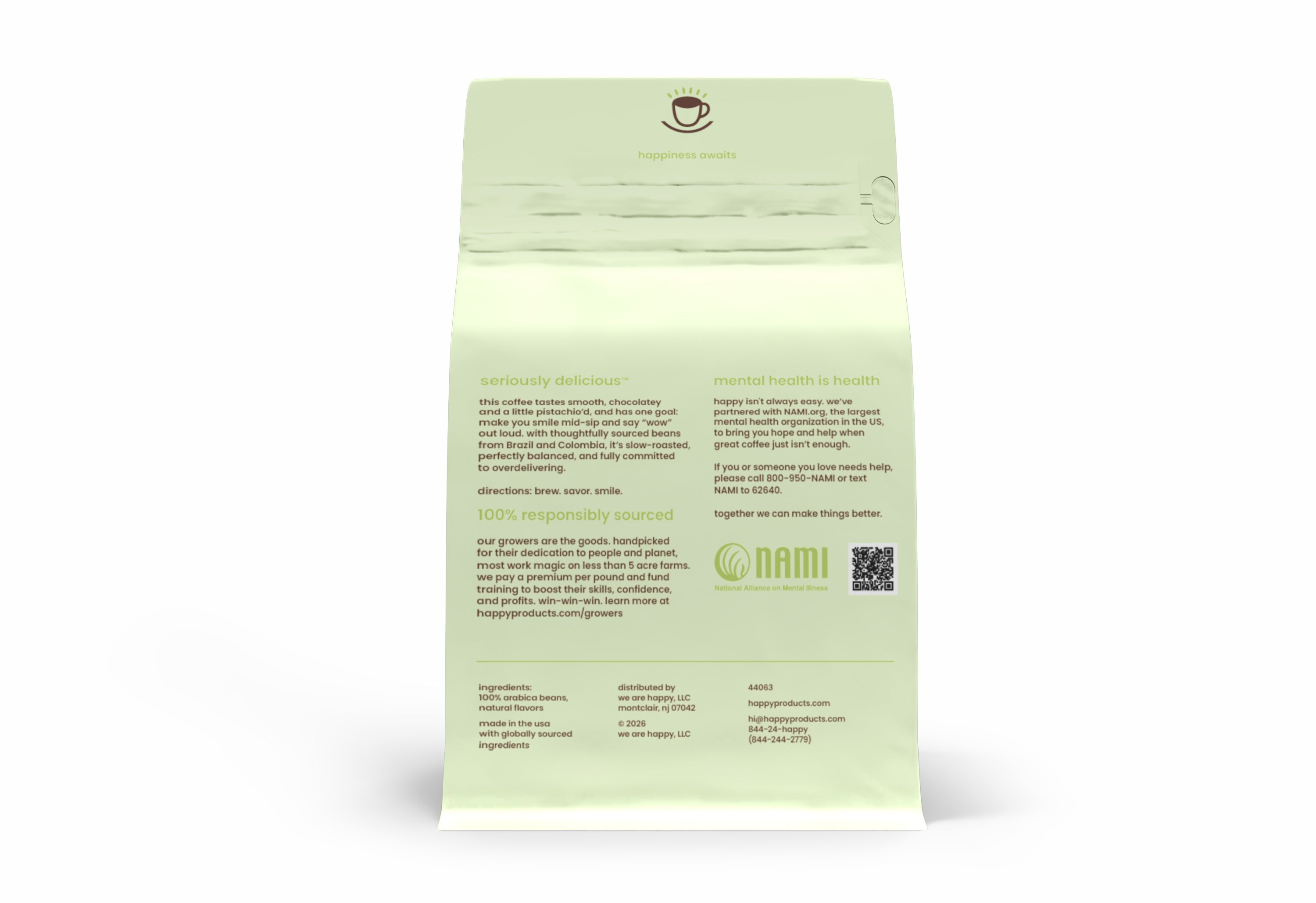 Light green coffee bag with text and a logo on a white background