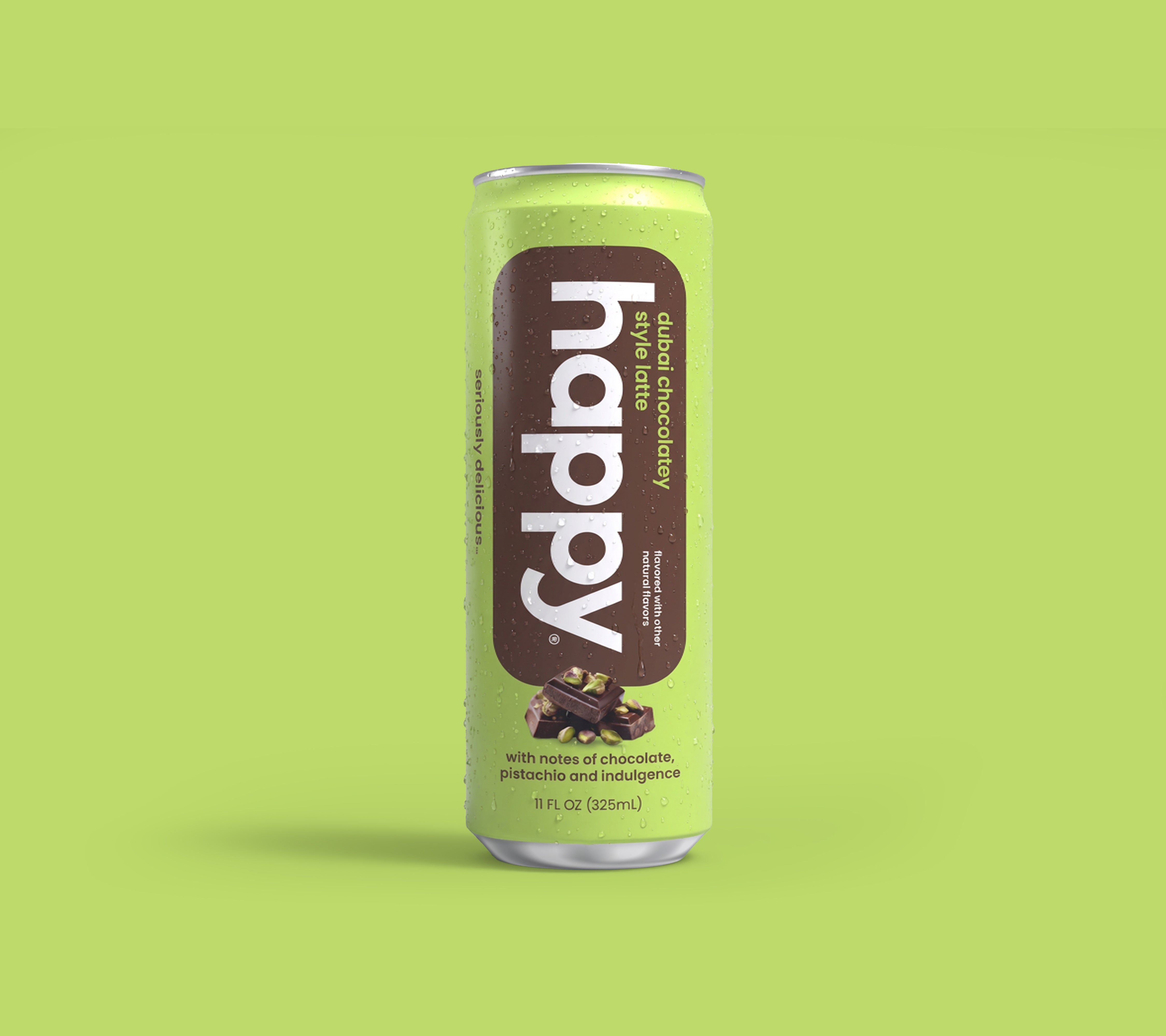 Can of 'happy' Dubai chocolatey Latte on a green background