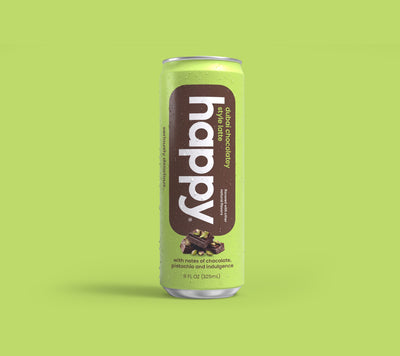 Can of 'happy' Dubai chocolatey Latte on a green background