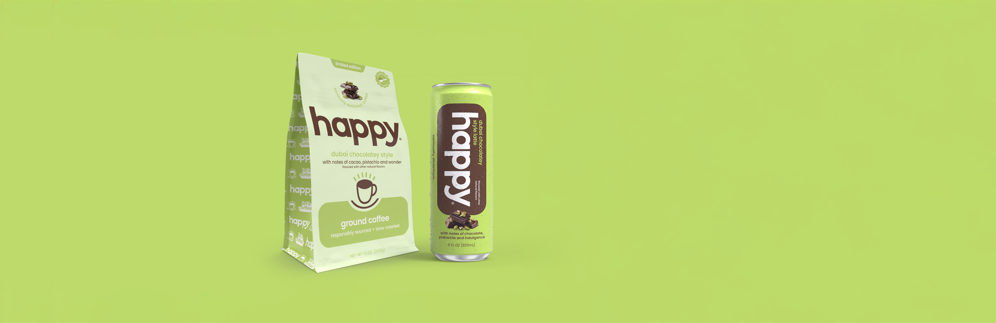Two 'happy' dubai chocolate coffee products on a green background