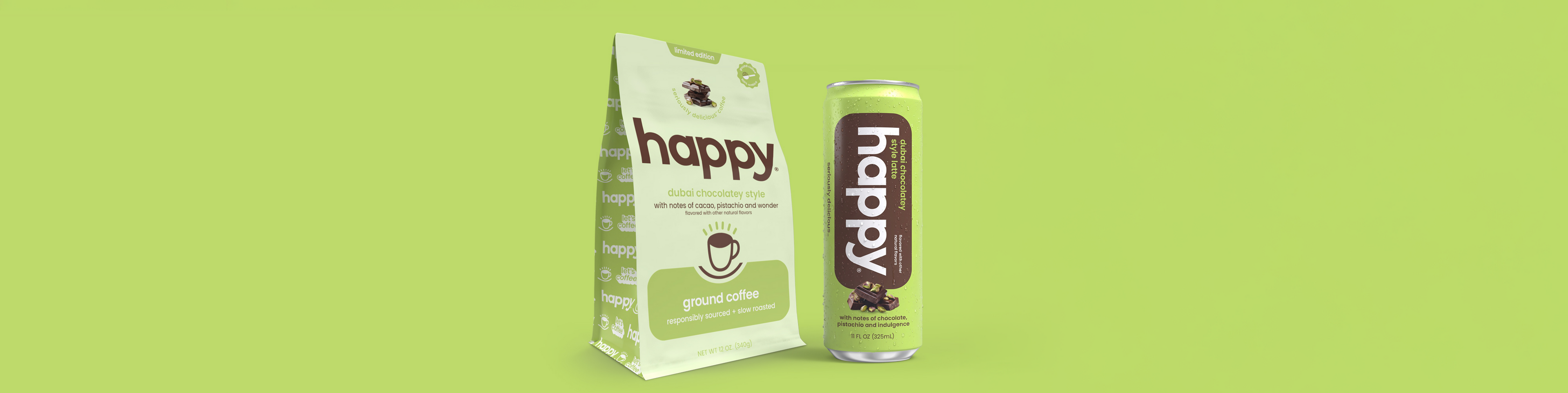 Happy brand dubai chocolatey coffees on a green background