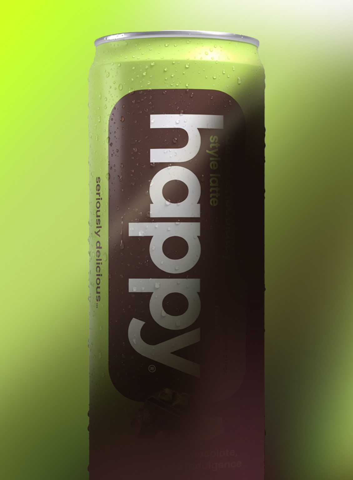 Can of 'happy' coffee with a greenish tint on a blurred green background