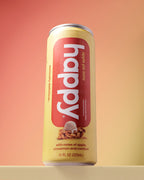 Can of 'happy' apple pie latte on a gradient background