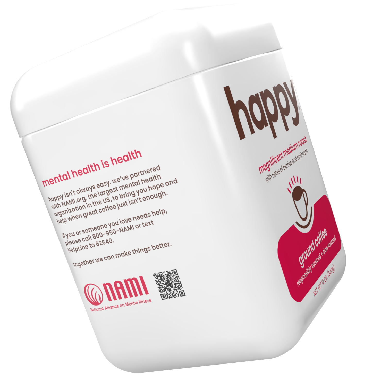 Container of 'happy' coffee with NAMI logo and text on a white background