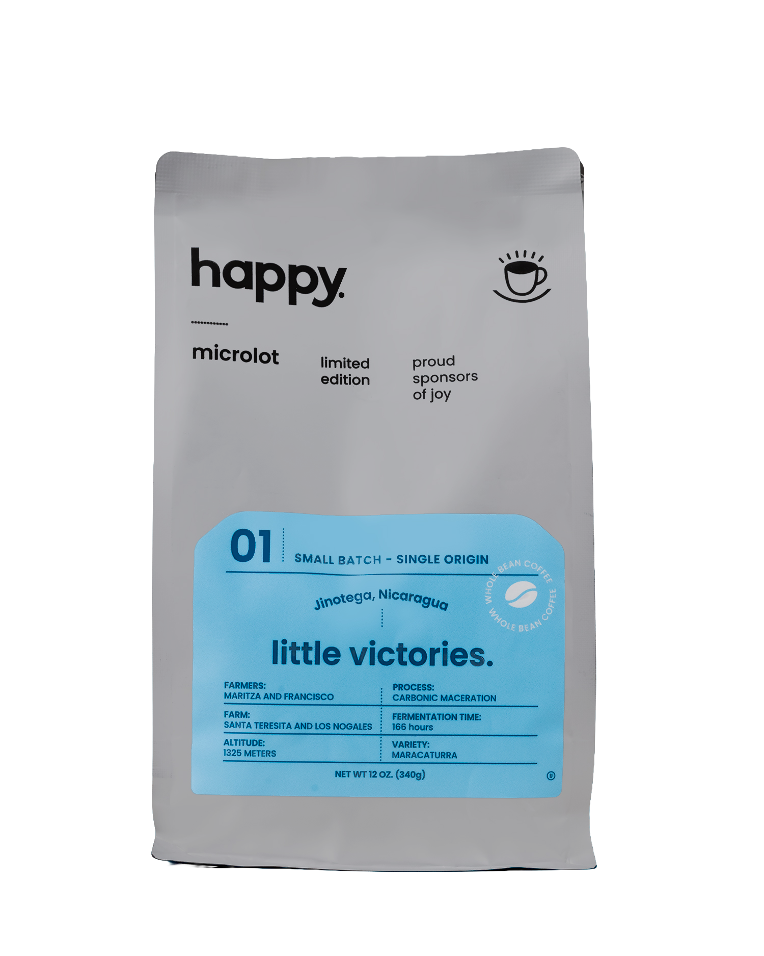 Front of Happy Coffee Microlot - Little Victories Maracaturra Coffee Beans - processed with Carbonic Maceration