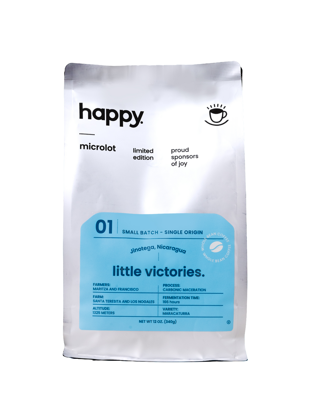 Front of Happy Coffee Microlot - Little Victories Maracaturra Specialty Coffee Beans - processed with Carbonic Maceration